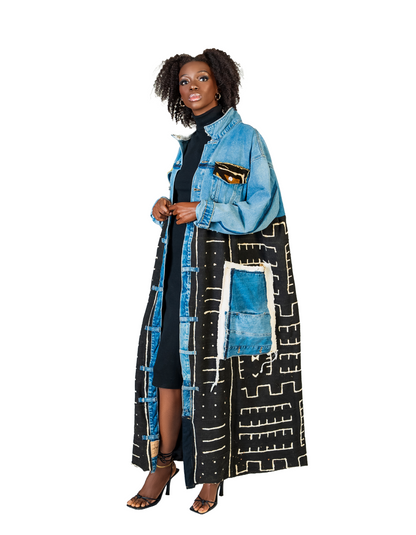 Bureh Oversized Denim Mudcloth Jacket (Black)