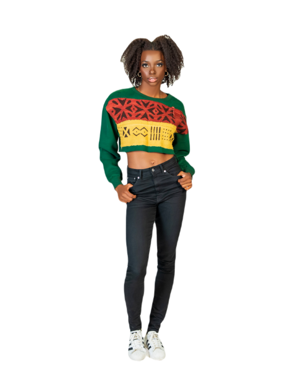 Yema Loose-Fit Crop Mudcloth Sweatshirt (Green)