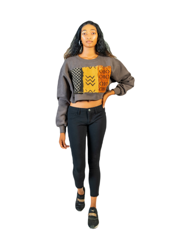 Yema Loose-Fit Crop Mudcloth Sweatshirt (Gray)
