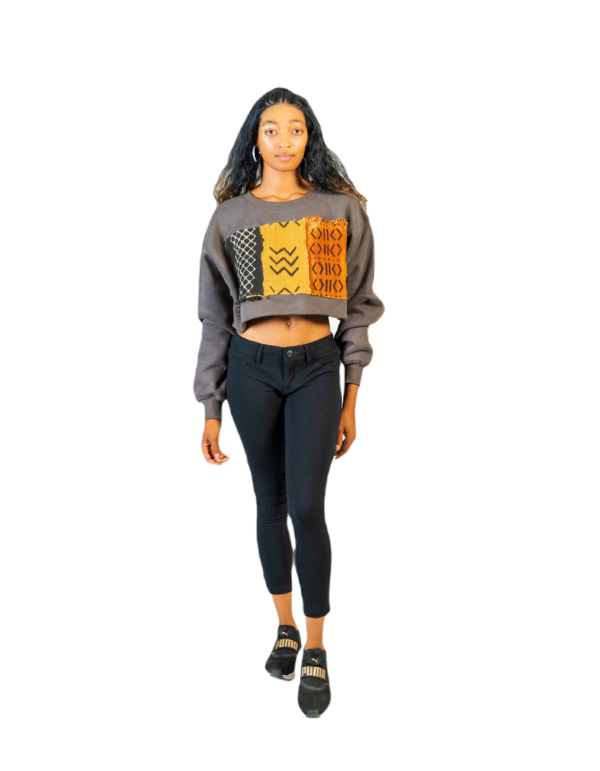 Yema Loose-Fit Crop Mudcloth Sweatshirt (Gray)